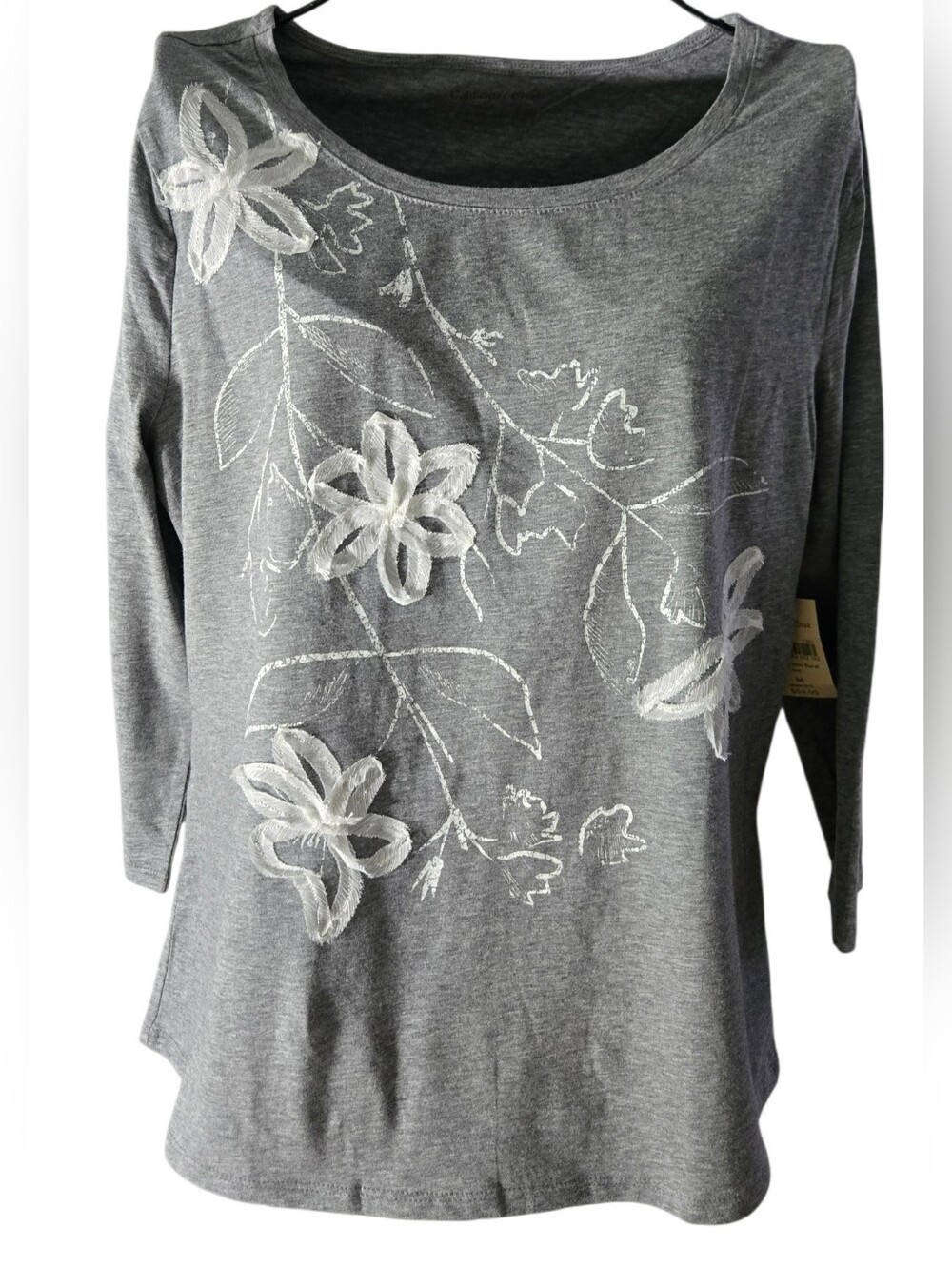 Coldwater Creek Gray Chiffon Trim Floral Tee Size M